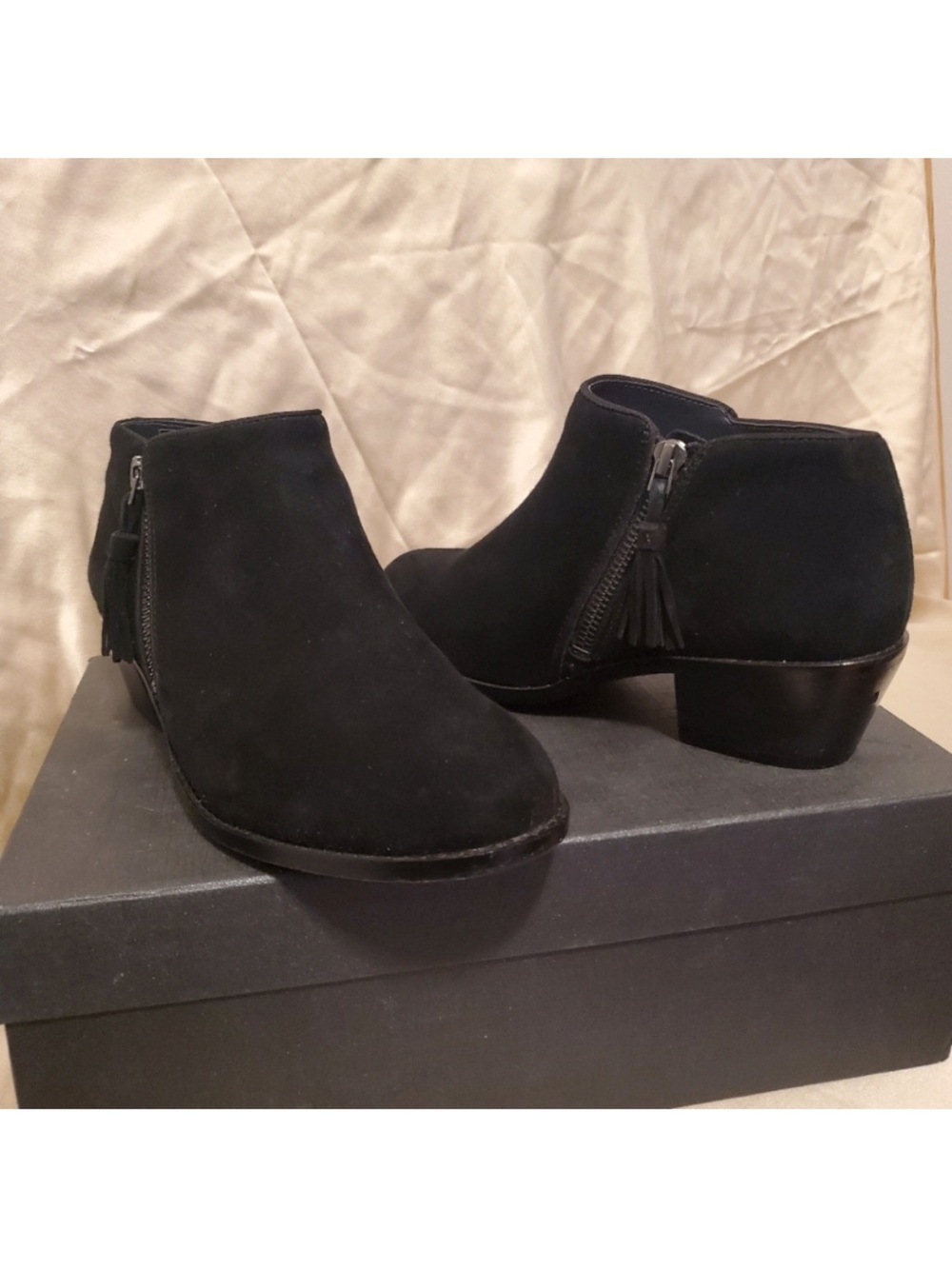 Vionic Black Suede Ankle Booties with Tassel Side Zip